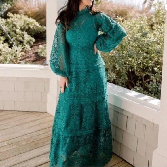 FARM RIO Guipure Lace Long Sleeve Maxi Dress, Dark Green, Size XS, NWT 🇧🇷 - Picture 8 of 16